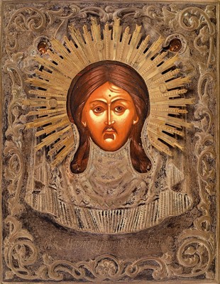 Ikone, Russland, um 1880-1890, Christus Pantokrator, reich geprägtes Oklad Metall versilbert, Sternenkranz vergoldet, ca. 28x21cm