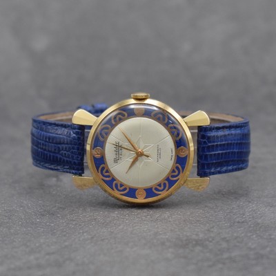 MONTDOR Damenarmbanduhr, Handaufzug, Schweiz um 1950, verg. Metallgeh. beids. vergl., silb. Zifferbl. guill., Anz. v. Std., Min. & Zentralsek., Werk ...