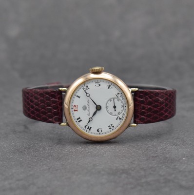 THOMAS RUSSEL & SON Armbanduhr in RoseG 375/000, Handaufzug, Schweiz/England um 1930, 3-teil. Geh., Scharnierboden, Glasrand aufgedr., Emailzifferbl. ...