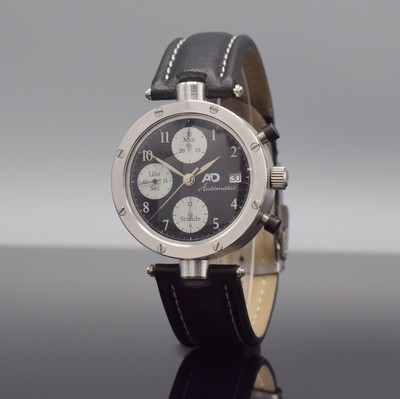 AD ausgefallener Chronograph in Edelstahl, Automatik, 3-teil. verschr. Gehäuse, beids. vergl., Krone verschr., schwarzes Zifferbl. m. röm. Zahlen & ...