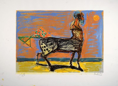 Markus Lüpertz, geb. 1941, Kentaur, Mischtechnik über Grafik, Ölkreide und Farbe auf Papier, monogrammiert, 70 x 94 cm, Blattgröße, mit ...