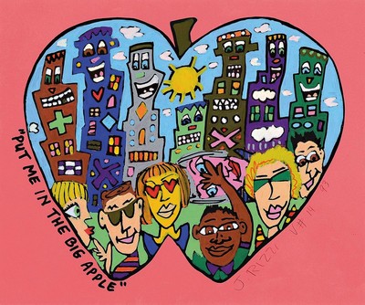 James Rizzi, 1950-2011, "Put me in the big Apple", Unikat in Mischtechnik von 1993, handsign., num., unter Glas gerahmt, gesamt ca. 34x44 cm