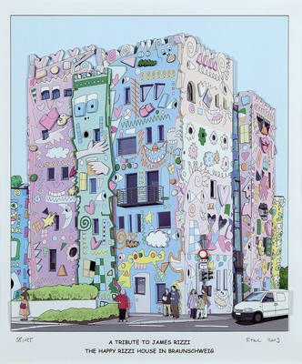 Rob Eric, 1954-2013, "A Tribute to James Rizzi- Happy Rizzi House", 3D-Konstruktion von 2009, handsign., num. 38/125, unter Glas gerahmt, ...