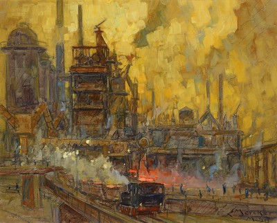 Erich Mercker,1891-1973, "Hochofen Mühlheim im Abenddunkel", Öl/Hartfaser, re. unten sign., R., gesamt ca. 53x63 cm