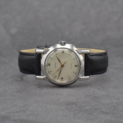 EBERHARD & Co. Armbanduhr, Handaufzug, Schweiz um 1950, 3-teil. Edelstahlgeh., Boden verschr., Glasrand aufgedr., silb. Zifferbl. altersbed. get., ...