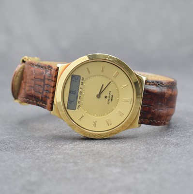 JUNGHANS MEGA Herren-Funkuhr in GG 585/000, Schweiz um 1995, quarz, massives Geh., Boden & Glasrand aufgedr., digitale & analoge Anzeige, gold. ...
