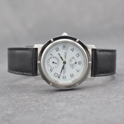 HERMES Paris Herrenarmbanduhr mit Gangreserve & 2er Zeitzone, Schweiz um 2000, Automatik, beids. vergl. Edelstahlgeh., Boden aufgedr., weißes ...