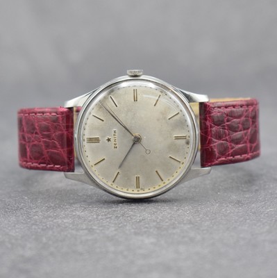 ZENITH große Herrenarmbanduhr 38 mm, Schweiz um 1955, Handaufzug, 3-teil. Geh., Boden & Glasrand aufgedr., silb. patiniertes Zifferbl. m. aufges. ...