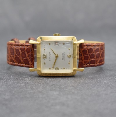 ORATOR Armbanduhr in GG 750/000, Schweiz um 1950, Automatik, 2-teil. Geh. m. tropfenförm. Bandanstößen l. dell., Boden aufgedr., silb. Zifferbl. ...