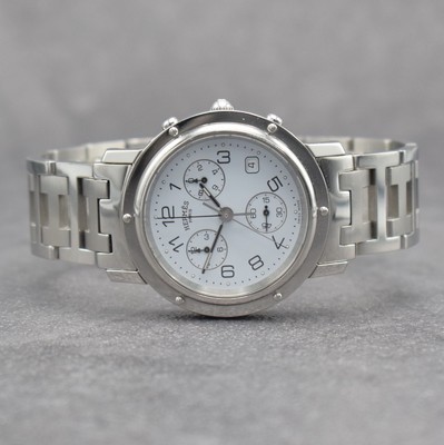 HERMES Herrenarmbanduhr mit Chronograph, Schweiz um 2000, quarz, Edelstahlgeh., Boden aufgedr., orig. Gliederband m. dopp. Faltschl., weißes ...