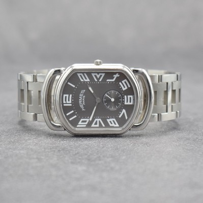 HERMES Herrenarmbanduhr in Edelstahl, Schweiz um 2000, quarz, 2-teil. Geh., Boden aufgedr., graues Zifferbl. m. arab. Zahlen, silb. Leuchtzeiger, ...