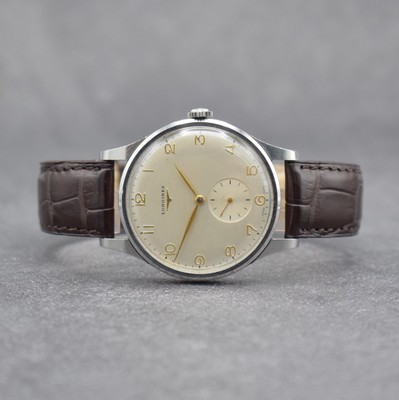 LONGINES große Herrenarmbanduhr 38 mm in Stahl, Schweiz um 1953, Handaufzug, Ref. 4914, 3-teil. Gehäuse, Boden & Glasrand aufgedr., orig. Krone, ...