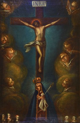 Unbekannter Künstler, Spanien, um 1770-70, Christus am Kreuz, darunter Maria, umgeben von Putti, am unteren Bildrand betende Frauen, Öl/Lwd, rest., ...