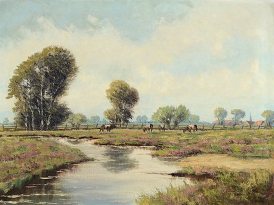 Unbekannter Künstler des frühen 20. Jh., Landschaft mit weidenden Pferden und Bach, Öl/Lwd, rechts unten unleserlich signiert, ca. 60x80cm, R. ca. ...