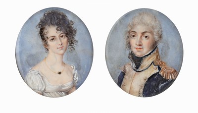 Zwei Miniaturmalereien, wohl Frankreich, um 1780-1810, Gouachemalerei auf Elfenbein, Edelmann und Dame im weißen Kleid, rückseitig mit Monogramm, ...