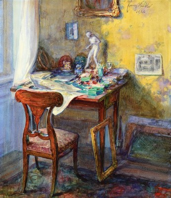 Franz Huth, 1876 Pößneck - 1970 Weimar, hier: Interieur im Maleratelier, detailreiche Darstellung der Utensilien, Tassen, Farben, Plastik etc., ...