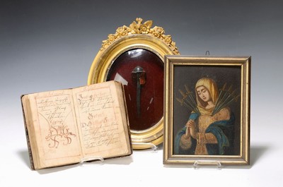 Konvolut christlicher Devotionalien, 18./19.Jh., Heiligenbild der der Mater Dolorosa, dazu: Kontaktreliquie, Hl. Nagel, dazu: schriftliches Lehrbuch, ...
