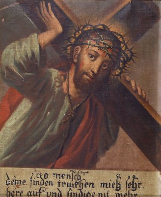 Unbekannter Künstler, um 1860, Passionsdarstellung, Szene aus dem Kreuzweg, mit mahnendem Sinnspruch: "O Mensch deine Sünden drücken mich ...