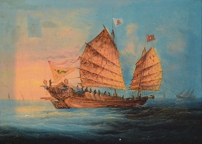 Yee Cheong, chinesischer Künstler, 19. Jh., Paar chinesische Kapitänsbilder der kaiserlichen Marine, um 1860/80, Dschunke mit Drachenfahne u. ...
