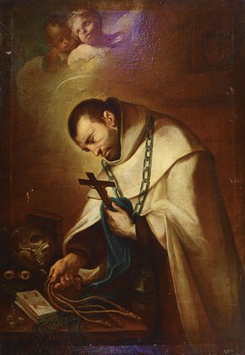 Süddeutscher Künstler, 17. Jahrhundert, Heiliger Franziskus mit Kruzifix in der einen und den Strick in der anderen Hand, im Hintergrund zwei ...
