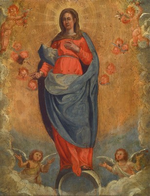 Süddeutscher Künstler, um 1780, Mutter Gottes auf der Mondsichel stehend, von Engeln umgeben, Öl/Kupfer, l. rest., ca. 21x17 cm, R.