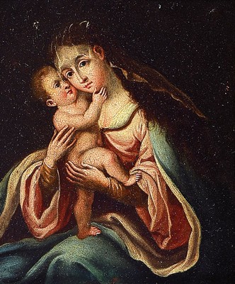 Süddeutscher Künstler, 17./18. Jh., Mutter Gottes mit Jesuskind, Öl/Kupfer, rest., ca. 13x11cm/32x30 cm