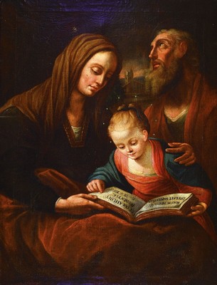 Süddeutscher Meister, um 1700, Heilige Familie, Jesus im roten Gewand mit blauem Mantel beim Bibelstudium, lasierende Malerei, teilrest., doubliert, ...