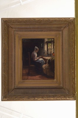 Gerke Henkes, 1844 Delftshaven-1927 Rotterdam , Mutterglück, bürgerliches Interior, feine Wiedergabe der Lichtquellen, Öl/Holzplatte, links unten ...