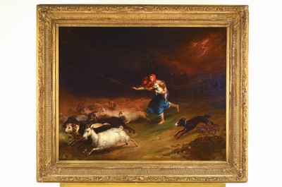 Ungedeuteter Künstler, um 1840, Flucht vor dem Gewitter, junge Ziegenhirtin flieht vor dem heranziehenden Sturm, die Blitze sind schon am Himmel zu ...