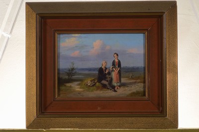 Unbekannter Künstler der 1.H. 19.Jh., Münchner Schule, Figurengruppe in ländlicher Idylle, symbolistische Aufladung, hervorragende Beobachtung der ...