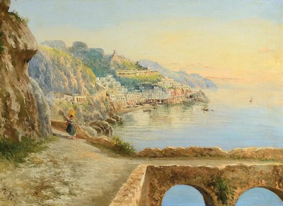Guglielmo Giusti, 1824 - 1916, Amalfi Küste mit junger Frau, Öl/Lwd/Karton, rest., sign., 46 x 66 cm, Prunkrahmen ca. 72x90cm, l.best.