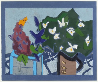 Klaus Fußmann, geb. 1938, großer Farbholzschnitt, abstrakte Darstellung, signiert, dat. 93, unter Glas, Rahmen, ca. 50 x 55 cm/ 86 x 93 cm