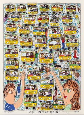James Rizzi, 1950-2011 New York, Taxi in the rain, dreidimensionale Farblithographie von 1993, handsigniert, num. 31/350, ca. 25x18cm, PP, u.Gl., R. ...