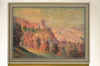 Kellermann, deutscher Künstler, frühes 20. Jh., Blick auf das Heidelberger Schloß und die Stadt von der Scheffelterrasse aus gesehen, Öl/Lwd, ...
