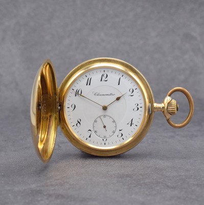 CHRONOMETRE schwere Savonette in RG 585/000 mit Chronometerhemmung, Schweiz um 1900, 3-Deckel Goldgeh., Emailzifferbl. m. arab. Zahlen, gold. ...