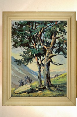 Unbekannter Künstler, deutsch, datiert 1960, Gebirgslandschaft mit Bäumen im Vordergrund, Öl/Hartfaser, pastoser Farbauftrag, rechts unten ...