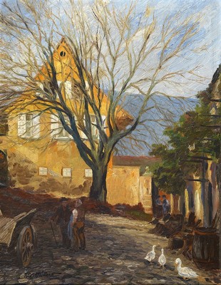 Rudi Müllers, 1895 Mannheim-1972 Heidelberg, Blick auf das Weingut Schäffer in Hambach, bekannt aus der Fernsehsendung Weingut Wader, ...