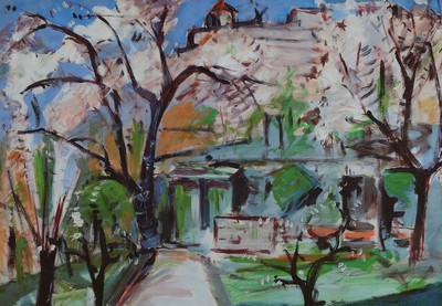 Hans Rolf Peter, 1926-2020, Blick durch blühende Bäume auf das Hambacher Schloß, Gouache auf Malkarton, rechts unten signiert, ca. 44x64cm, u.Gl., ...