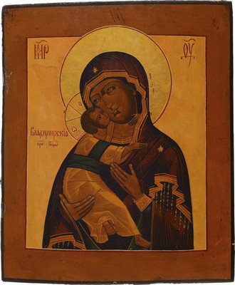 Ikone, nördliches Zentralrussland, 19. Jh., Gottesmutter von Wladimir, Goldstaffage, Eitempera/Holz, l. rest., ca. 31 x 26 cm, mit Expertise Thomas ...