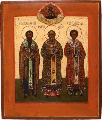 Ikone, Zentralrussland, um 1800, Hl. drei Hierarchen (Kirchenlehrer): Hl. Gregor von Nazianz, Hl. Basilius der Große und der große Homilet Johannes ...