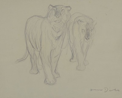 Otto Dill, 1884 Neustadt- 1957 Bad Dürkheim, Bleistiftzeichnung, zwei schreitende Tiger, forcierter Blickkontakt mit dem Betrachter, unter Glas ...