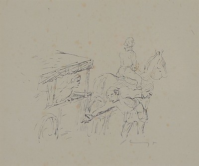 Max Slevogt, 1868 Landshut-1932 Leinsweiler,Lithographie, Achilleus erfährt vom Tod Patroklos, dazu: höfische Szene, Dame in Kutsche, je rechts ...
