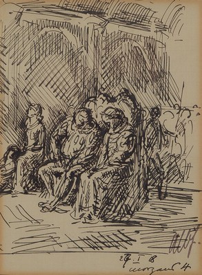 Albert Haueisen, 1872 Stuttgart-1954 Kandel, zwei Federzeichnungen auf Papier, Rheinlandschaft/Interior, l. gebräunt, je rechts unten signiert, ...