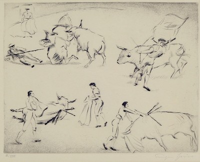 Eugen Spiro, 1847 Breslau-1972 New York City , Radierung, Szenen aus der Stierkampfarena,aus der Folge " Spanische Reise" (1924), signiert ...