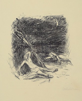Max Liebermann, 1847 Berlin-1935 ebenda, Lithographie, nächtliche Figurenkomposition, rechts unten signiert, unter Glas gerahmt, ca.42x30/54x44 cm