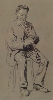 Hans Thoma, 1839 Bernau - 1924 Karlsruhe, Zeichnung weiß gehöht, Klarinettenspieler, auf grauem Papier, re. u. handsigniert, ca. 32.5 x 17 cm, ...