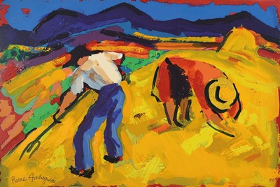 Pierre Ambrogiani, 1907-1985, "Les Faucheurs , Farbholzstich, links unten sign., Drucker/Verlag: Raymond Jacquet, Paris, ca. 34x51 cm