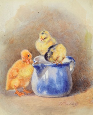 Gertrude Frommhold, 1879 - 1955, drei Küken am Milchtöpfchen, Aquarell/Papier, re. unten signiert, ca. 17 x 13.5 cm, unter Glas, Rahmen ca. 24 x 17 ...