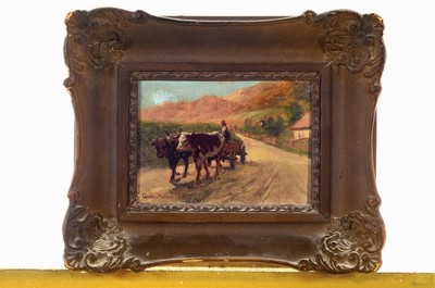Carolus Pallya, 1875-1930, Tschechischer Genre- und Tiermaler, bekannt für seine Marktszenen mit Schwerpunkt auf die Fuhrwerke, hier: Ochsenfuhrwerk ...