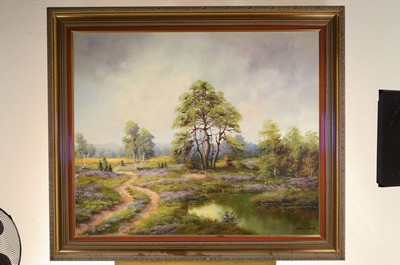 Bogner, Traditionalist der Mitte des 20. Jh., Blühende Heidelandschaft mit Baumgruppen, Öl/Lwd, rechts unten signiert, ca. 100x120cm, R. ca. ...